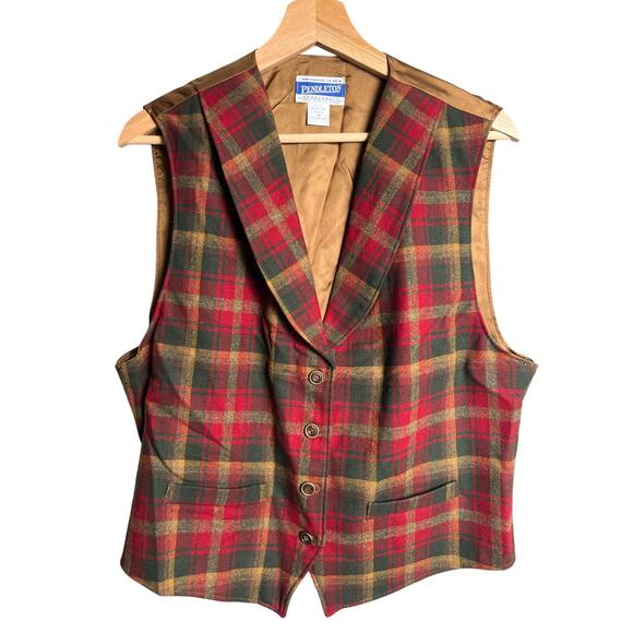 Pendleton 100% Wool Size 16 Red Vest Virgin Red & Green Plaid - Picture 1 of 5